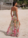 18 media show strapless maxi beach dress with bandeau neckline, bodycon drop waist, high slit, flowing sheer gathered skirt, variants orange floral, butter yellow, chocolate, burgundy, leopard, pink mixed print. image 17