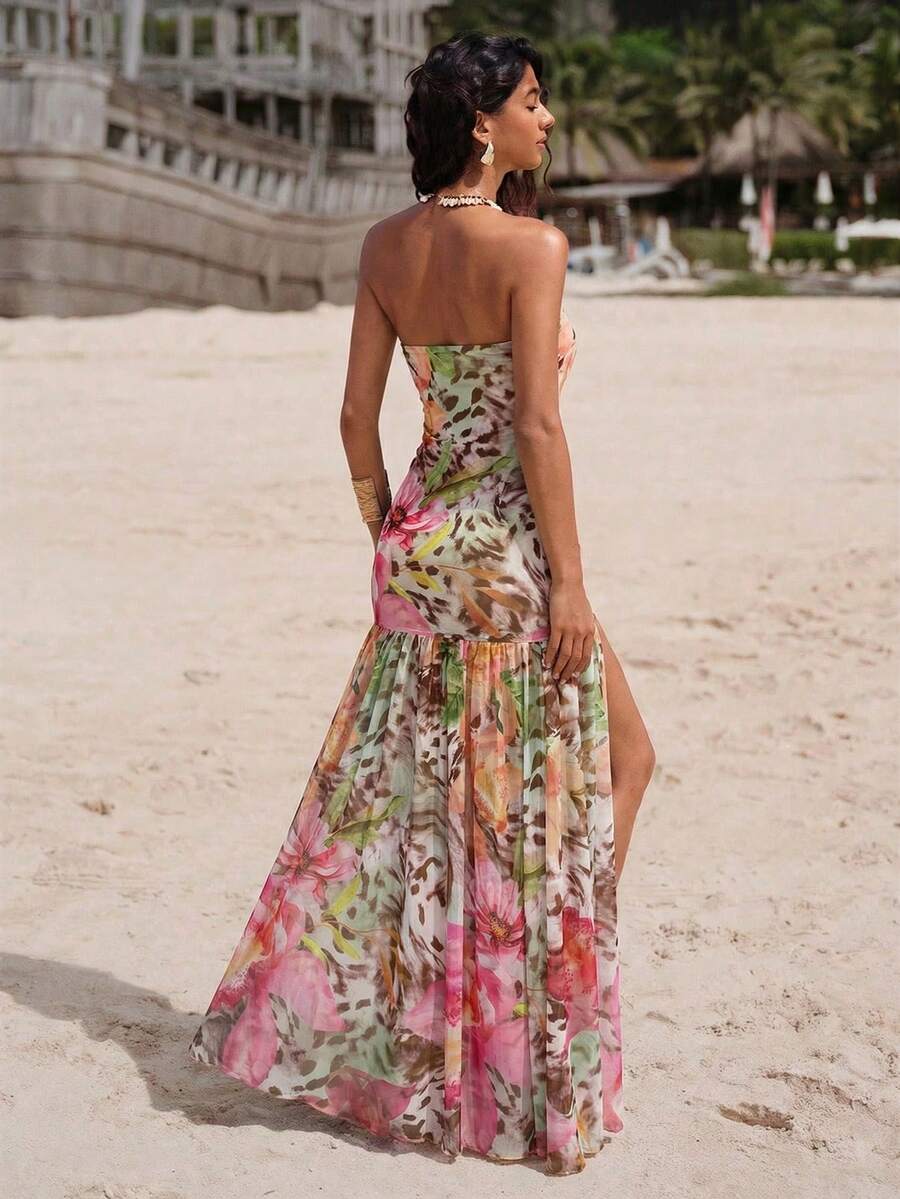 18 media show strapless maxi beach dress with bandeau neckline, bodycon drop waist, high slit, flowing sheer gathered skirt, variants orange floral, butter yellow, chocolate, burgundy, leopard, pink mixed print. image 17
