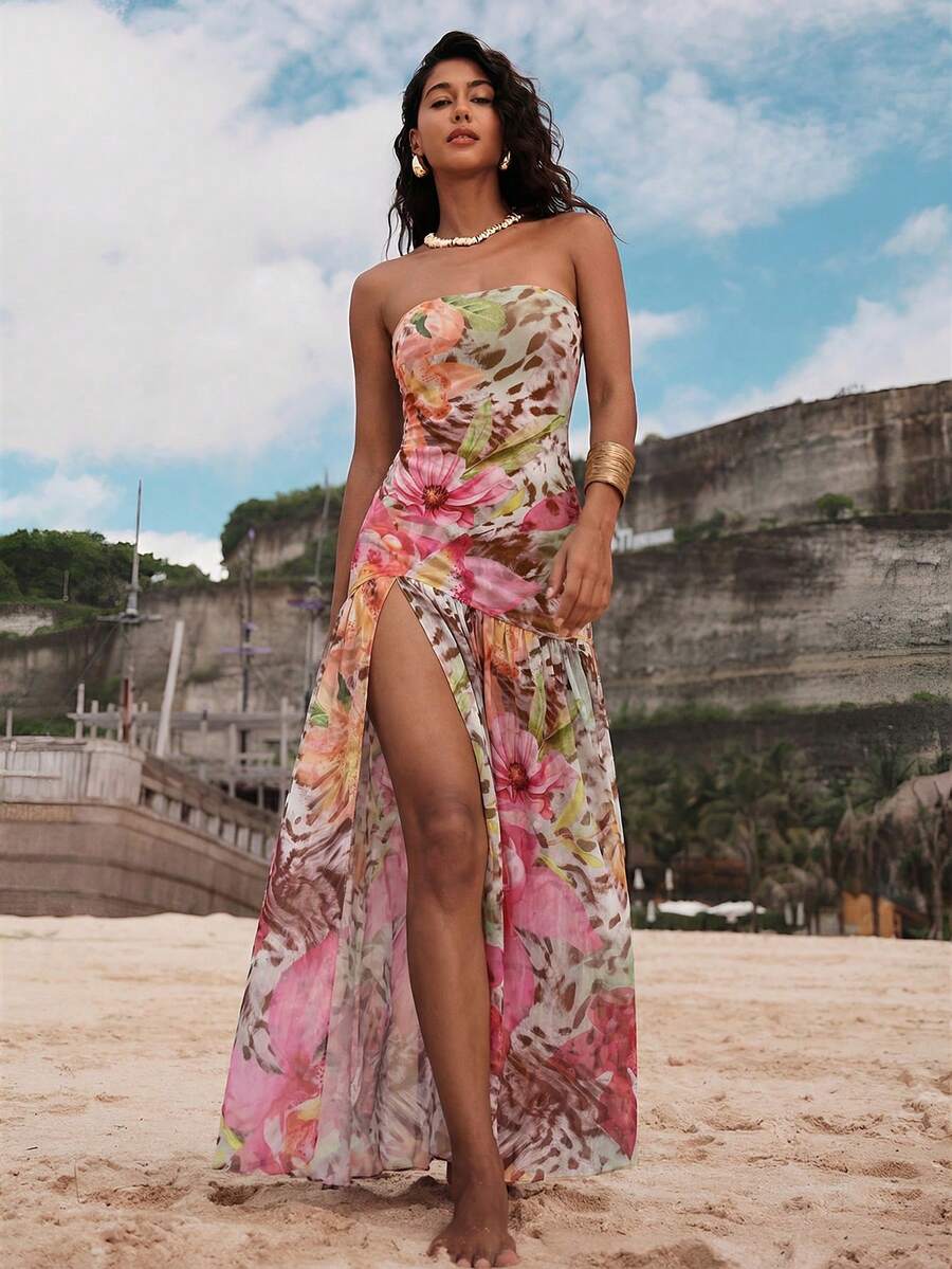 18 media show strapless maxi beach dress with bandeau neckline, bodycon drop waist, high slit, flowing sheer gathered skirt, variants orange floral, butter yellow, chocolate, burgundy, leopard, pink mixed print. image 18