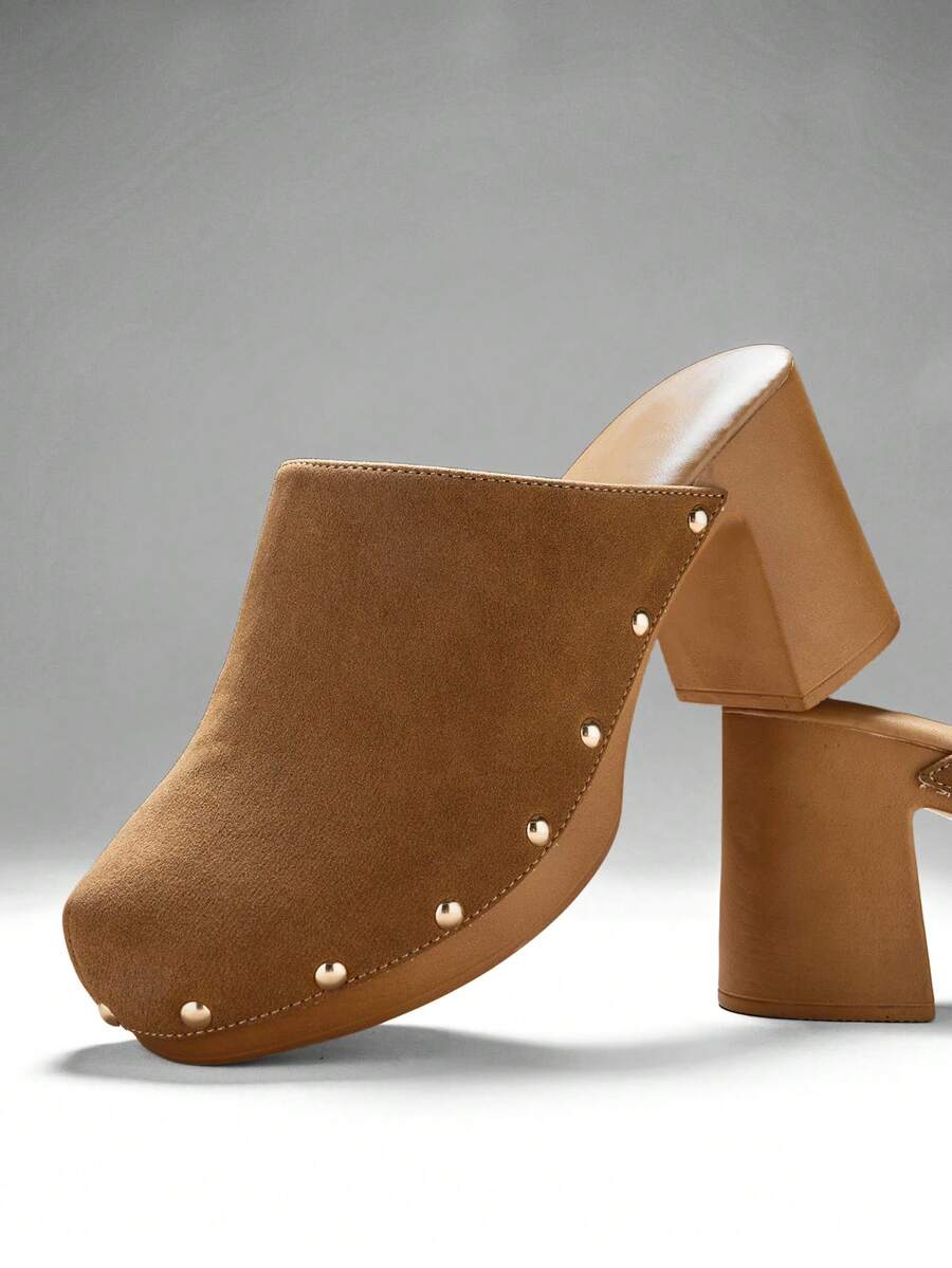 Image 1 - front view of Women's Minimalist Thick Platform Slip-On Pumps with Stylish Rivet Details
