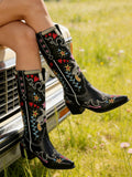Heel view of White Embroidered Chunky Heel Western Boots for Women - Floral Heart Mid-Calf Slip-On Riding Booties for Spring for punk motorcycle boot styling