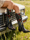 Back view of White Embroidered Chunky Heel Western Boots for Women - Floral Heart Mid-Calf Slip-On Riding Booties for Spring for punk motorcycle boot styling