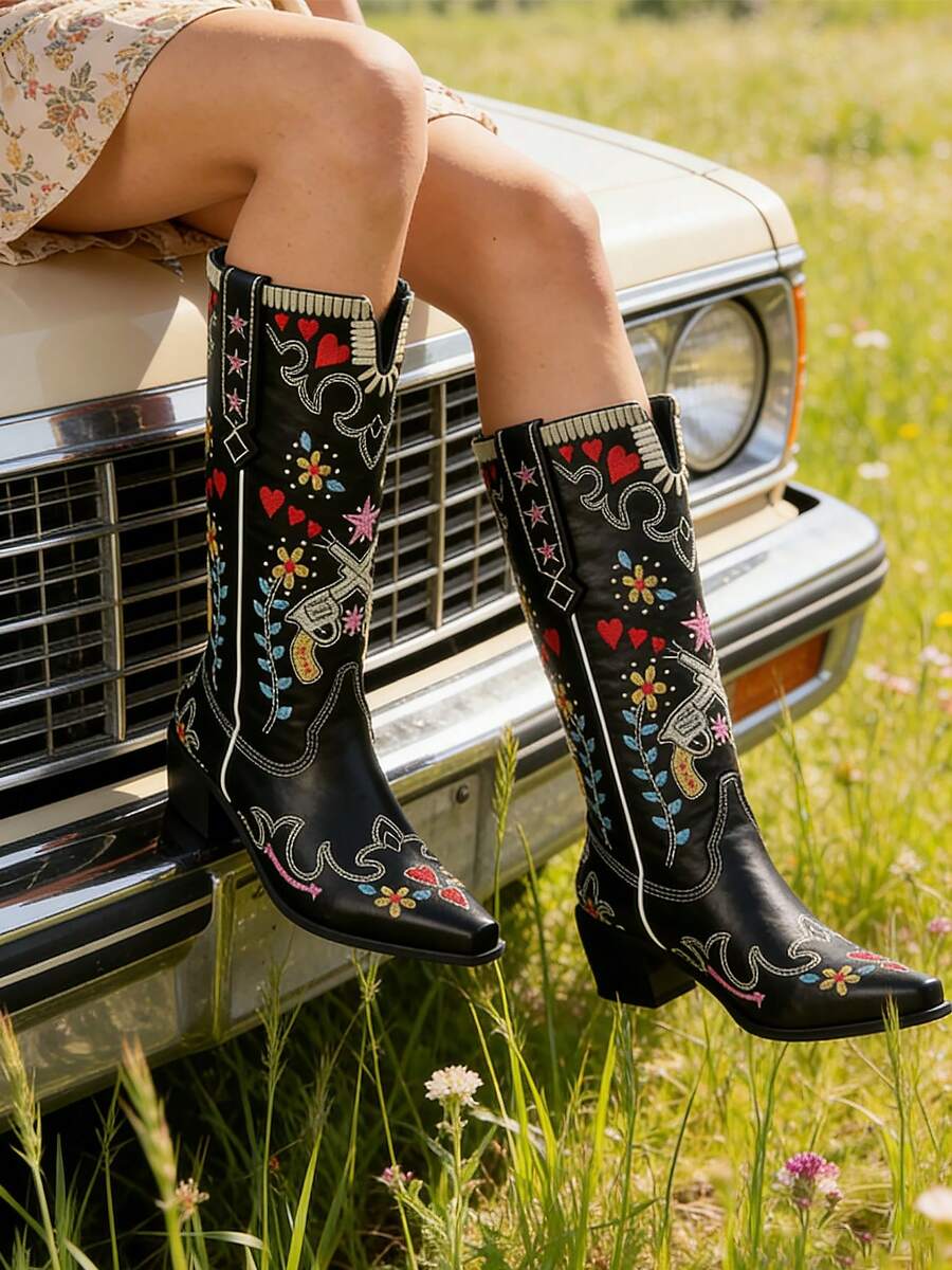 Back view of White Embroidered Chunky Heel Western Boots for Women - Floral Heart Mid-Calf Slip-On Riding Booties for Spring for punk motorcycle boot styling