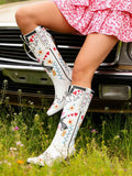 Outsole view of White Embroidered Chunky Heel Western Boots for Women - Floral Heart Mid-Calf Slip-On Riding Booties for Spring for punk motorcycle boot styling