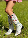 Slip-on view of White Embroidered Chunky Heel Western Boots for Women - Floral Heart Mid-Calf Slip-On Riding Booties for Spring for punk motorcycle boot styling