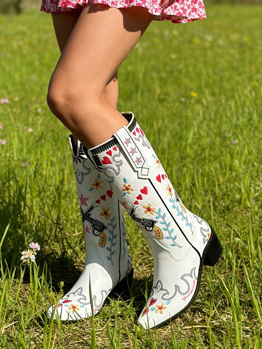 Slip-on view of White Embroidered Chunky Heel Western Boots for Women - Floral Heart Mid-Calf Slip-On Riding Booties for Spring for punk motorcycle boot styling