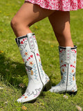 Ruched shaft view of White Embroidered Chunky Heel Western Boots for Women - Floral Heart Mid-Calf Slip-On Riding Booties for Spring for punk motorcycle boot styling