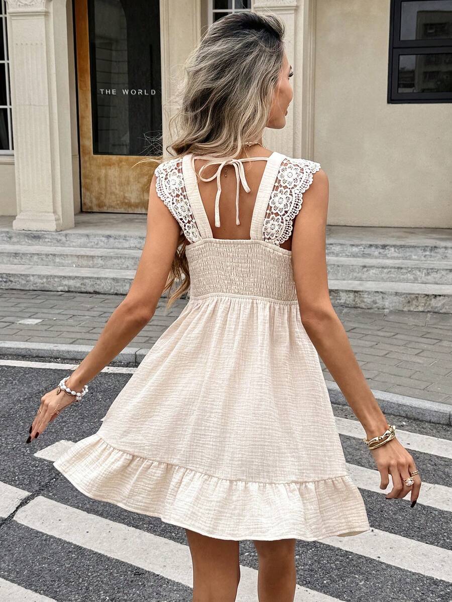 Embrace effortless elegance with this charming Chic Frenchy mini dress. Crafted from 100% breathable cotton, it features delicate contrast lace detailing and a flattering high-waisted A-line silhouette. The V-neckline and puff sleeves add a touch of vintage-inspired romance, while the semi-sheer fabric keeps things light and airy for warm weather.