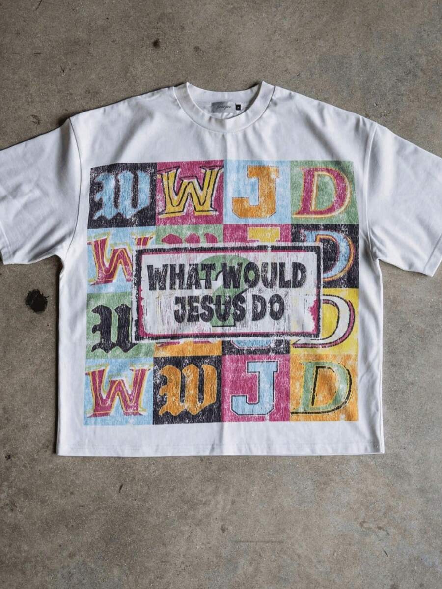 White What Would Jesus Do pastel graphic T-shirt front flat lay
