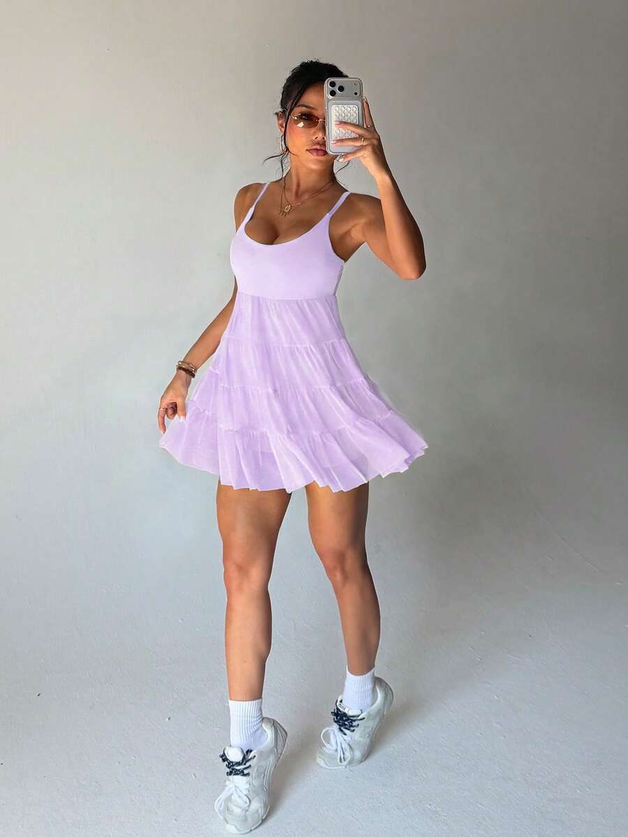 adjustable spaghetti strap mesh ruffle mini sports dress with built in pocket shorts image 13