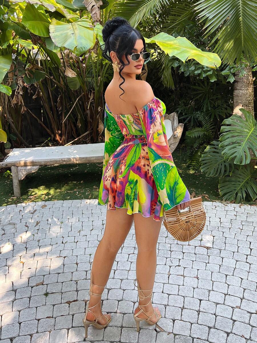 Multicolor tropical print off-shoulder crop top and flared mini skirt set