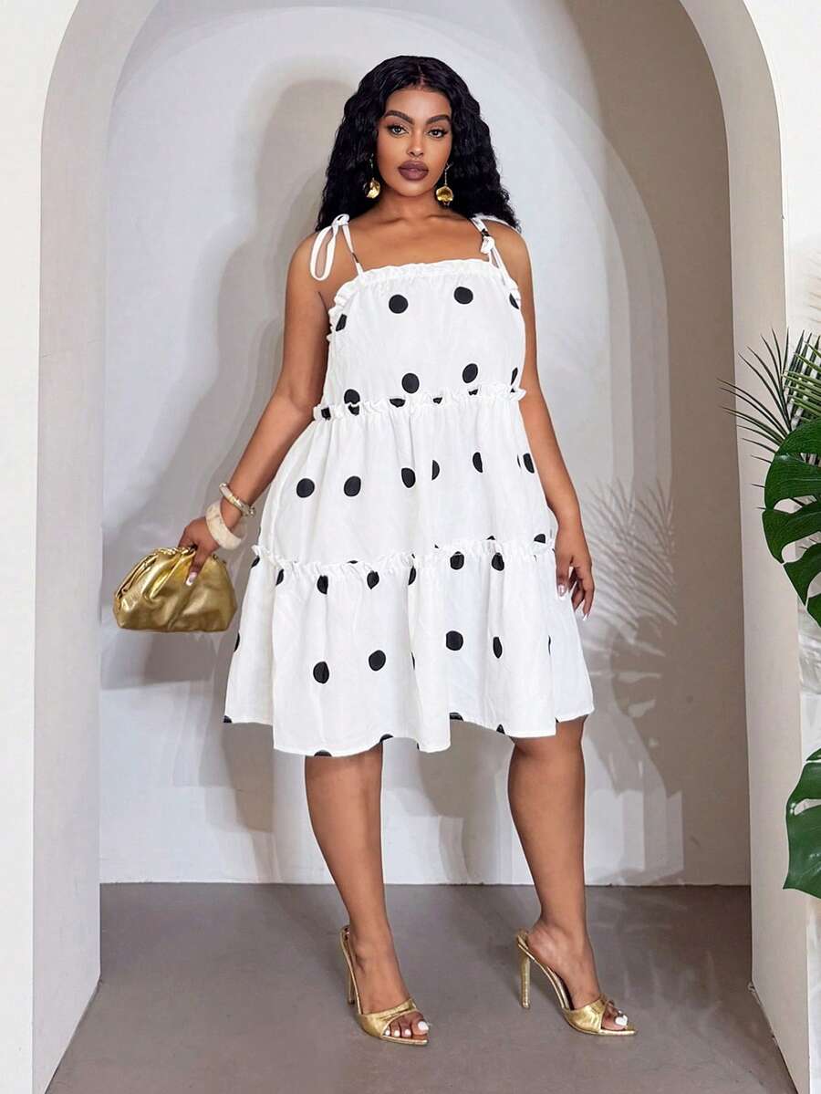Close-up view of stylish plus-size polka dot a-line dress for spring & summer festivals, casual outings, and beach vacations with summer styling for summer casual wear