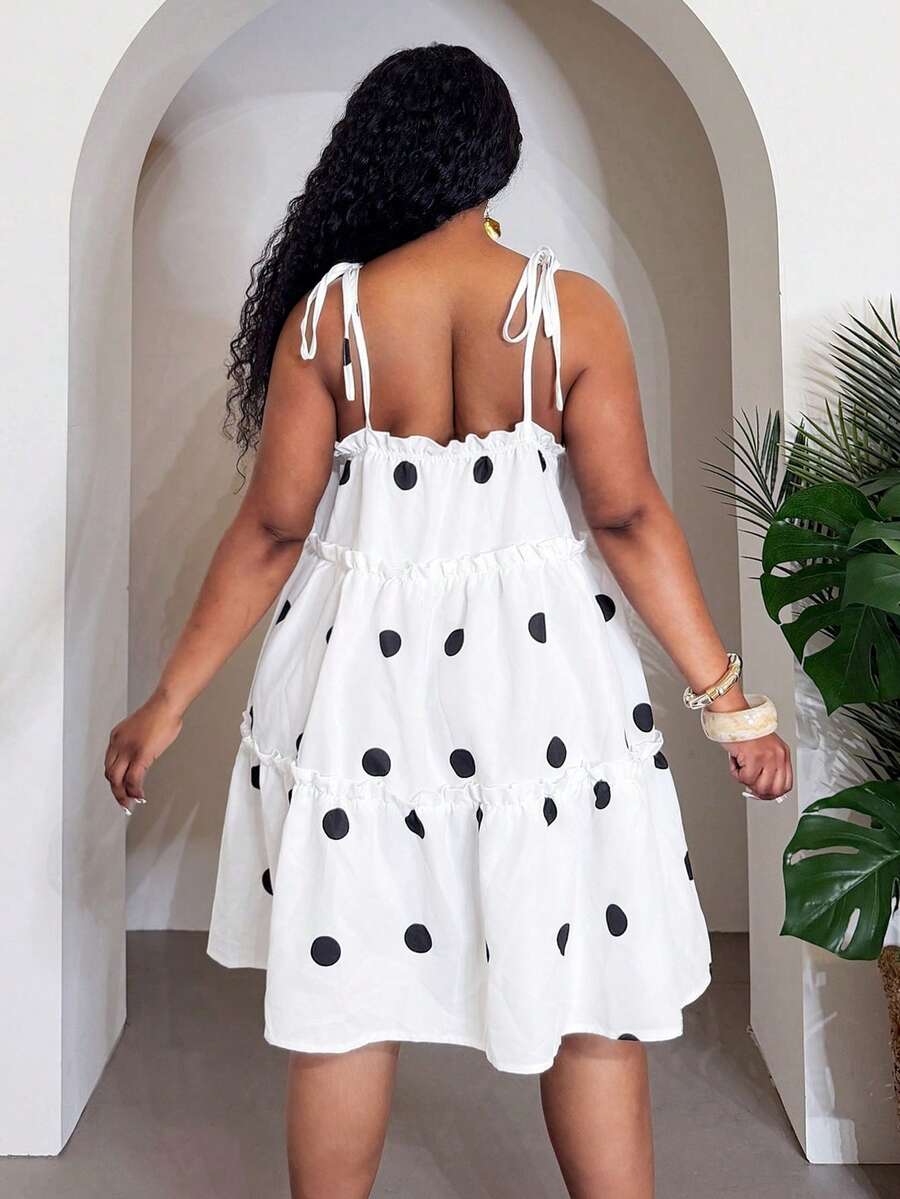 Close-up view of stylish plus-size polka dot a-line dress for spring & summer festivals, casual outings, and beach vacations with summer styling for summer casual wear