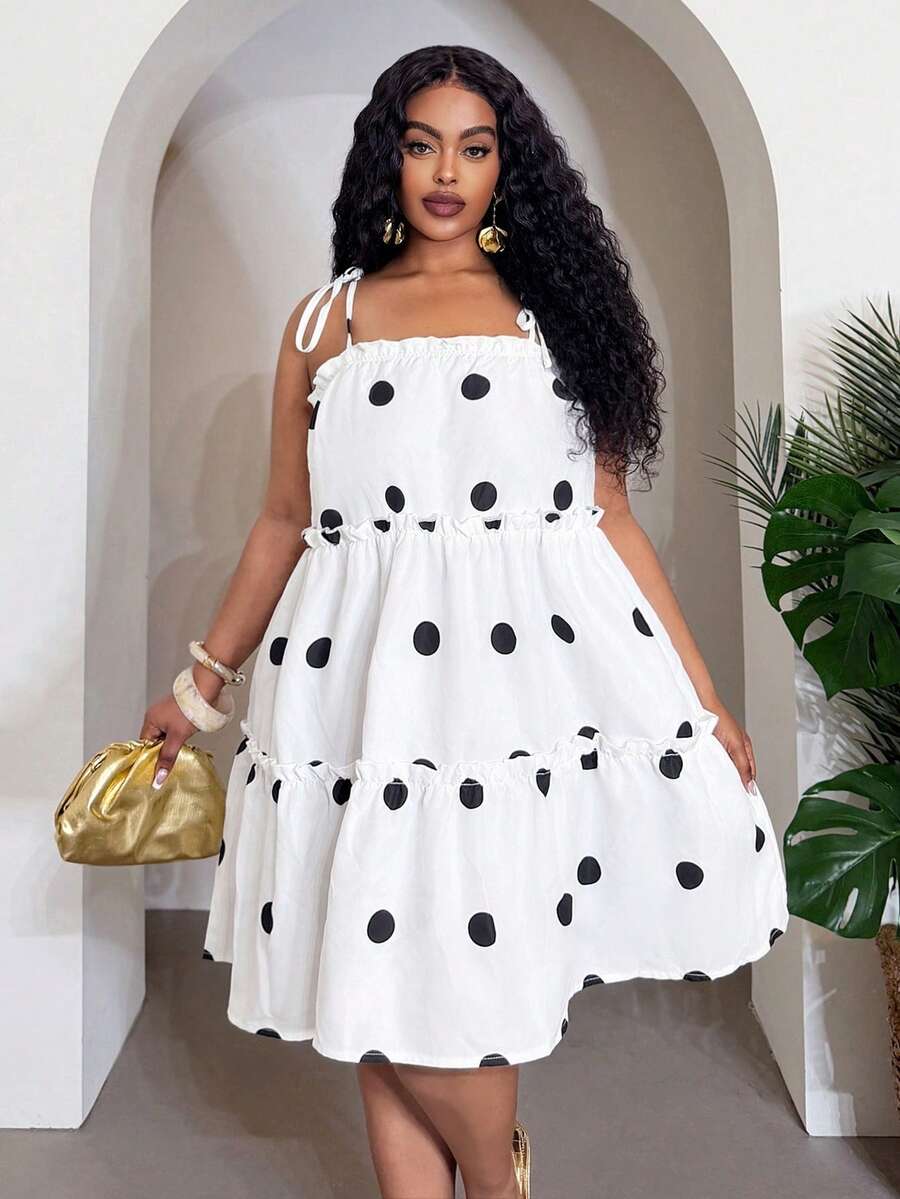 Close-up view of stylish plus-size polka dot a-line dress for spring & summer festivals, casual outings, and beach vacations with summer styling for summer casual wear