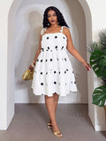 Front view of stylish plus-size polka dot a-line dress for spring & summer festivals, casual outings, and beach vacations with summer styling for summer casual wear