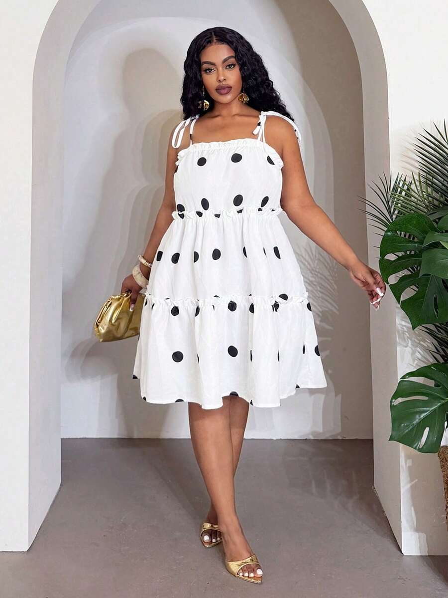 Front view of stylish plus-size polka dot a-line dress for spring & summer festivals, casual outings, and beach vacations with summer styling for summer casual wear