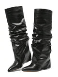 Slip-on view of Punk Goth Mid-Calf Motorcycle Boots with Chunky High Heels - Fashionable Slouched Ruched Style for Women for punk motorcycle boot styling