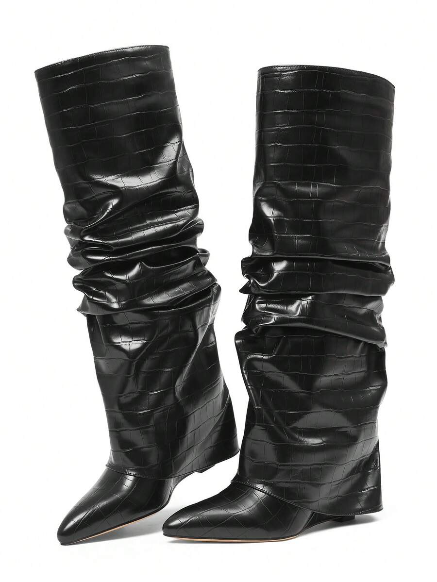 Slip-on view of Punk Goth Mid-Calf Motorcycle Boots with Chunky High Heels - Fashionable Slouched Ruched Style for Women for punk motorcycle boot styling