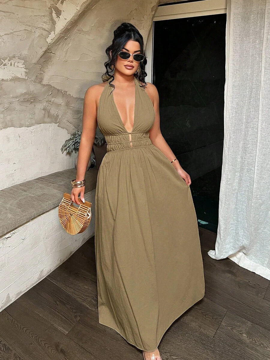 Khaki halter maxi dress front and open tie back collage