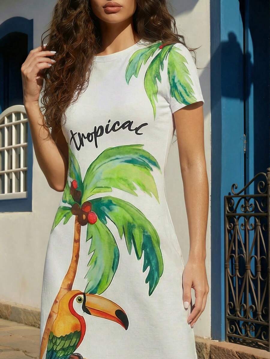 Front view of tropical graphic maxi T-shirt dress showing visible print, color, and silhouette