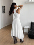 Rear view of white sleeveless lace dress with fitted bodice and flowing asymmetric hem