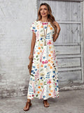Front view of multicolor watercolor floral maxi dress with loose A-line fit