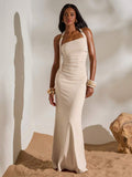 Cream ruched halter maxi dress with gold ring strap