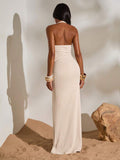 Cream open back ruched maxi dress side view