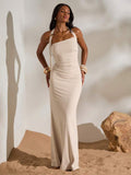 Cream halter bodycon maxi dress back view