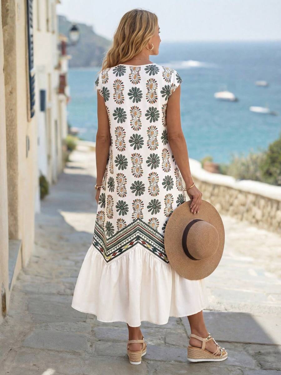 Ivory floral border print maxi dress side view
