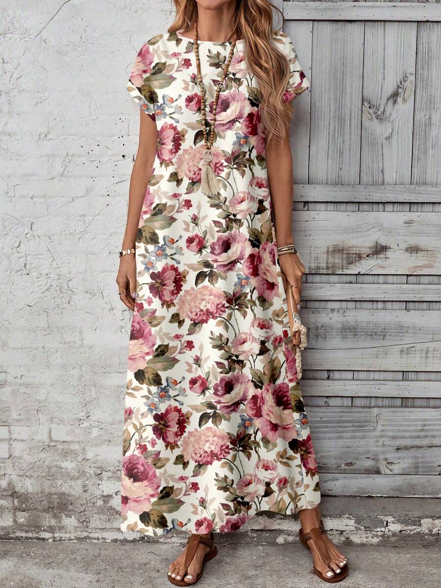 Front view of cream pink rose floral maxi dress with short sleeves