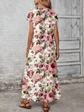 Back view of pink rose floral loose maxi dress with center seam
