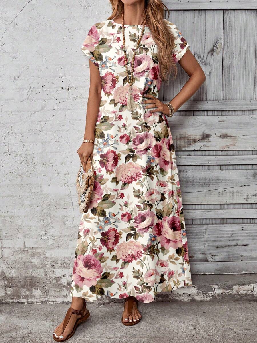 Front view of pink rose floral maxi dress with relaxed A-line shape