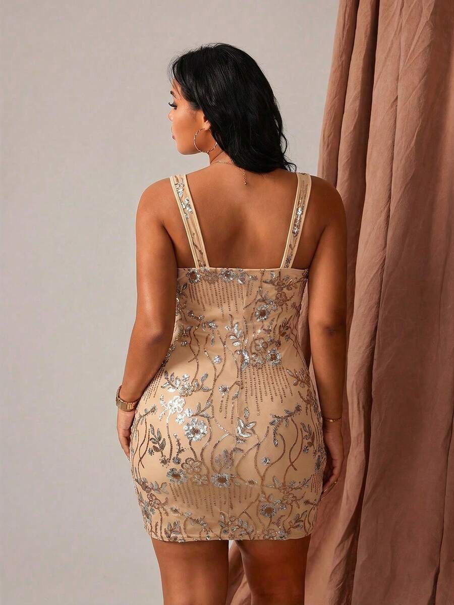 plus size sequin embroidered bodycon mini dress in blush pink and champagne beige with square scoop neckline, wide straps, sleeveless fitted sheath silhouette, floral vine silver sequins, vertical dotted sequin lines and short hem slit image 6