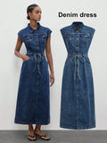 Shop an aqua blue denim shirt dress with bowknot and open back, perfect for autumn picnics, brunch, casual dates, weekends, and outdoor outings.