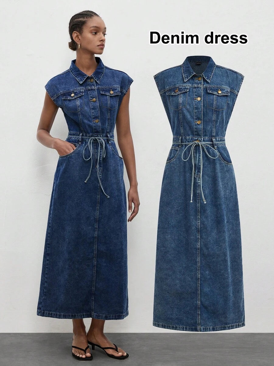 Shop an aqua blue denim shirt dress with bowknot and open back, perfect for autumn picnics, brunch, casual dates, weekends, and outdoor outings.