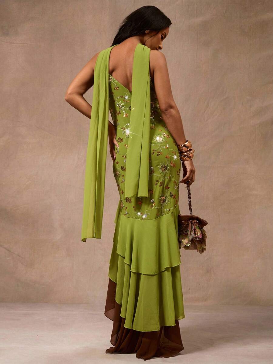 Green open back mermaid dress with scarf drape