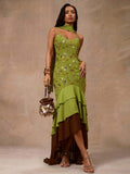 Chartreuse green sequin embroidered maxi dress front view