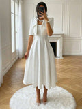 Worn Full Outfit Front View in white with flared midi skirt for wedding and office styling