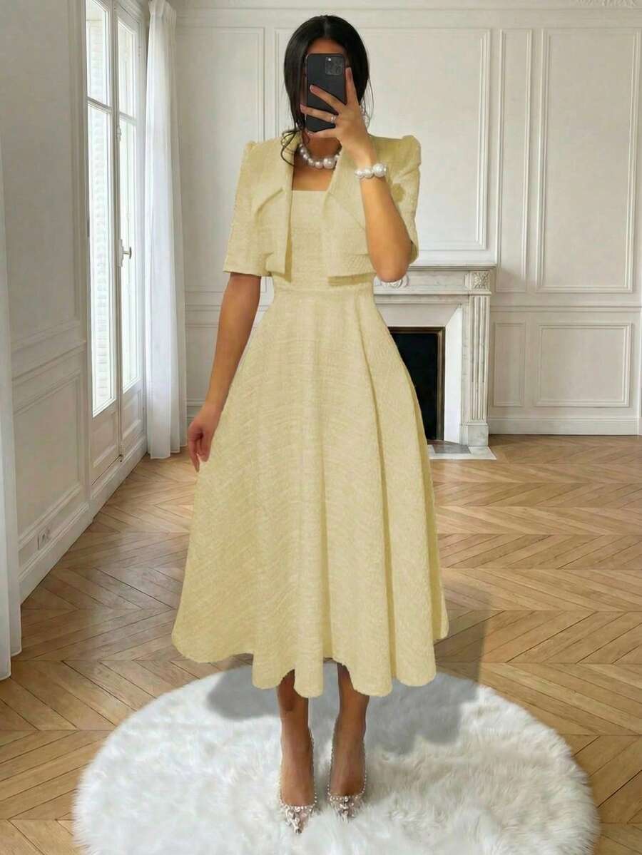 Worn Full Outfit Front View in pale yellow with flared midi skirt for wedding and office styling