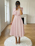Worn Full Outfit Front View in soft pink with flared midi skirt for wedding and office styling