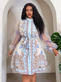 Back view of Elegant Floral Plus Size Mini Shirt Dress for Beach Vacations and Special Occasions Multicolor_2 flared hem fit