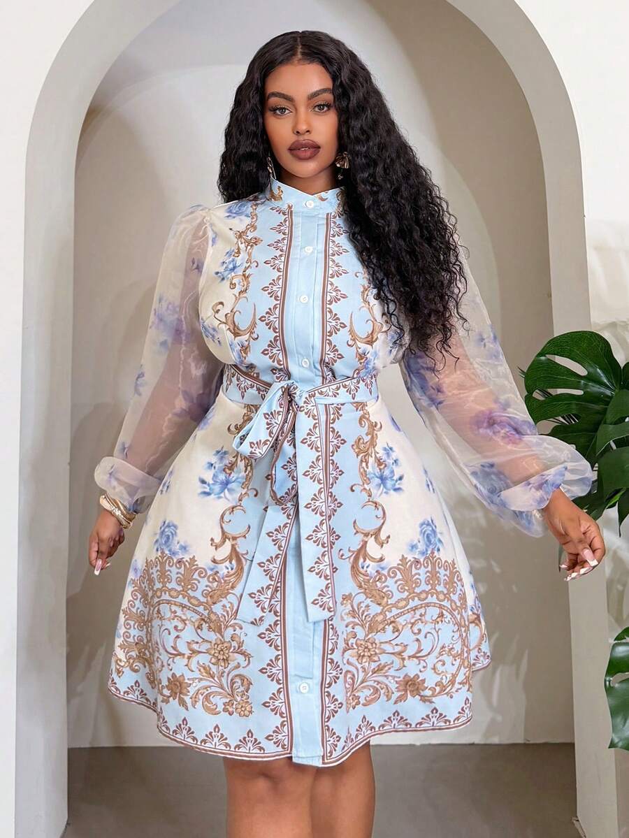 Back view of Elegant Floral Plus Size Mini Shirt Dress for Beach Vacations and Special Occasions Multicolor_2 flared hem fit