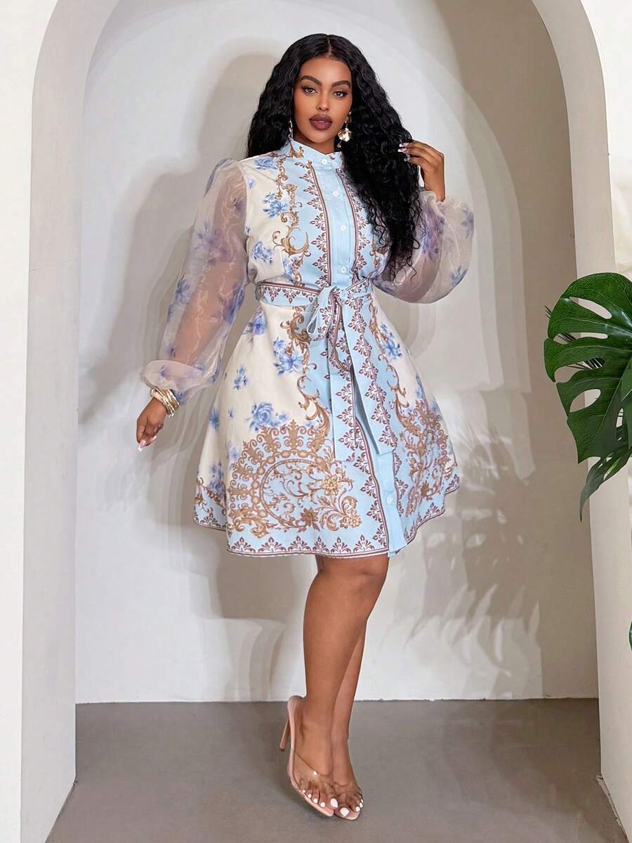 Side profile of Elegant Floral Plus Size Mini Shirt Dress for Beach Vacations and Special Occasions Multicolor_2 mini shirt dress style