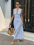 Blue and white striped A-line maxi dress