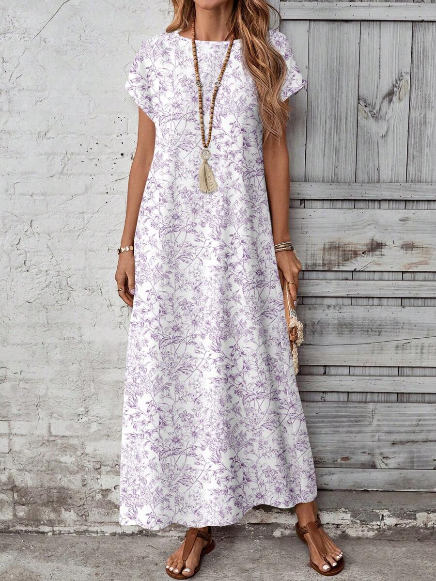 Outdoor view of tan boho maxi dress with round neck and loose fit