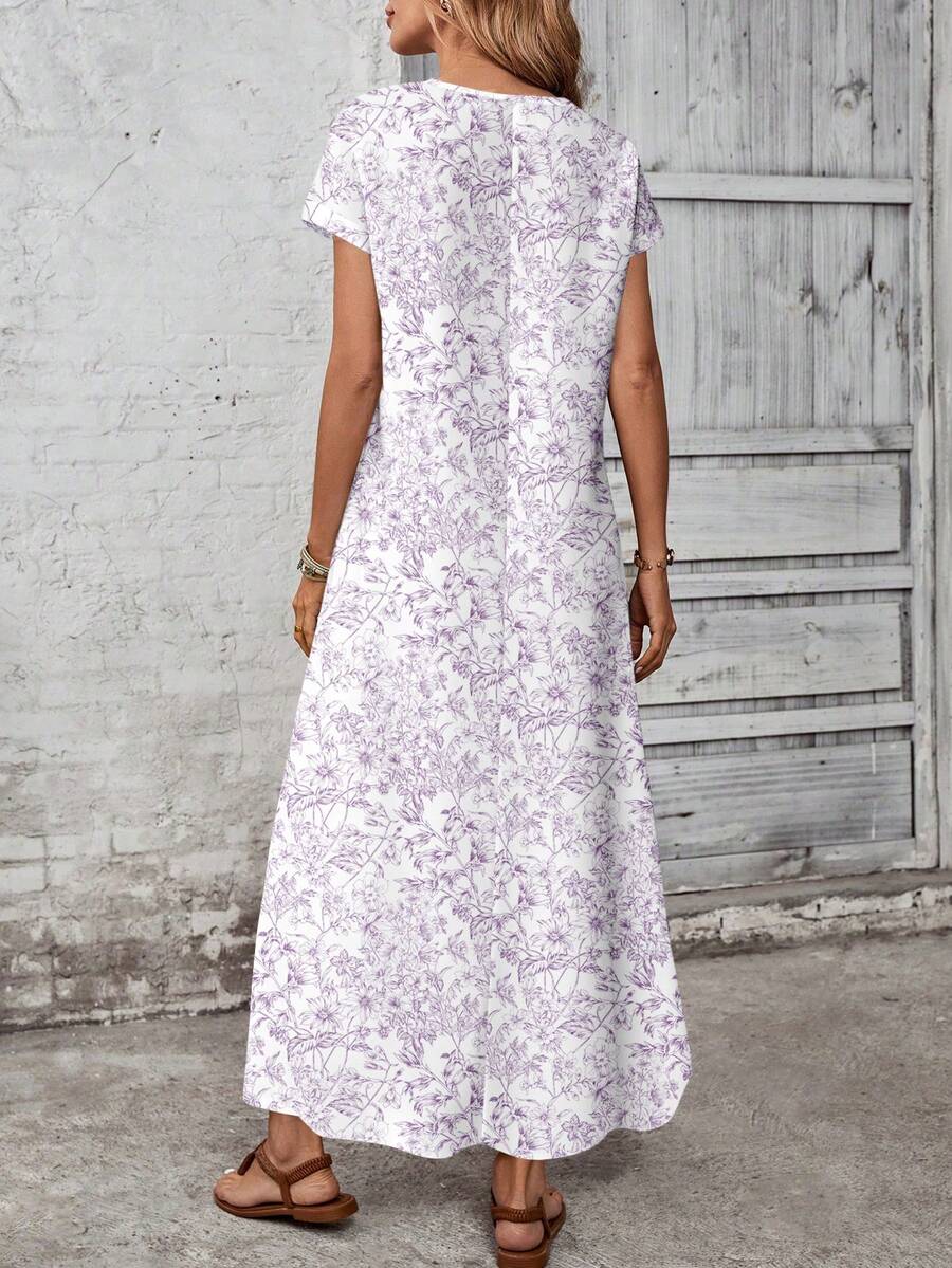 Front view of lavender floral maxi dress with relaxed short sleeves