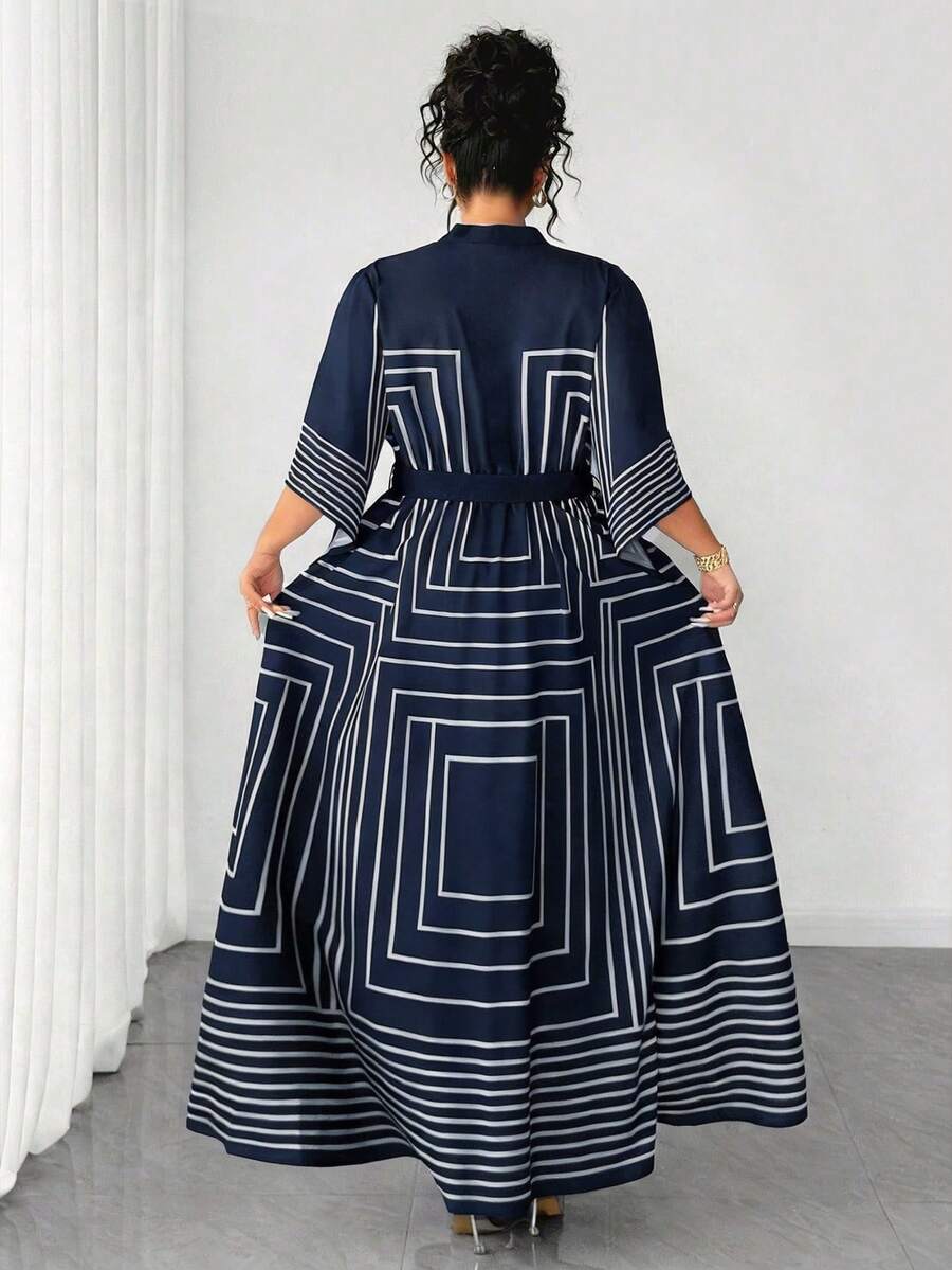 Navy geometric stand collar maxi dress front view
