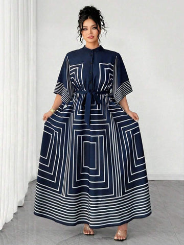 Navy geometric stand collar maxi dress front view