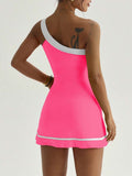 one shoulder tennis sports mini dress with built-in shorts, side pocket, contrast trim, backless cut and flared skirt image 9